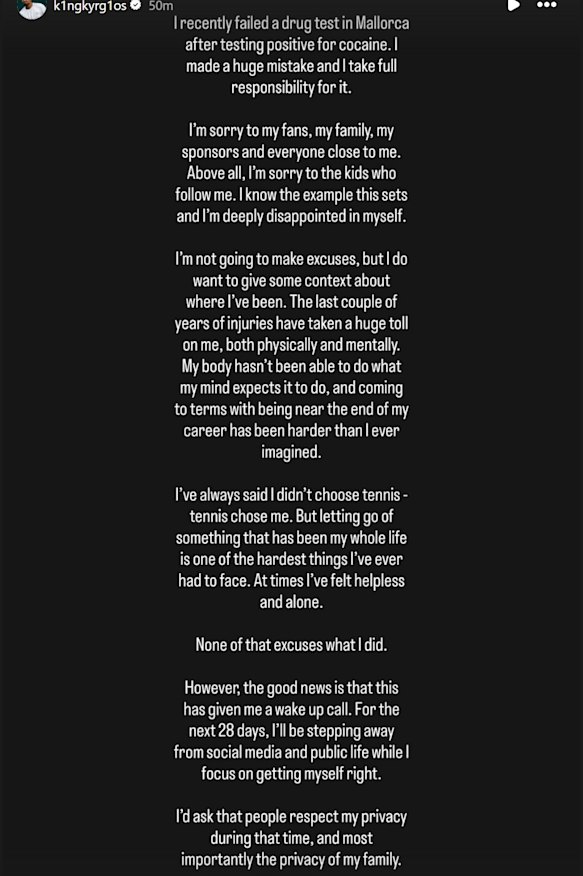 Nick Kyrgios’ apology on his official Instagram account.
