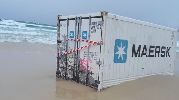 A Maersk shipping container on the southern end of Moreton Bay.