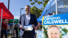 Liberal candidate Cameron Caldwell at the pre-polling booth at Helensvale on the Gold Coast.