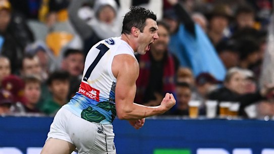 Cats' Shaun Mannagh celebrates one of his five majors on the night.