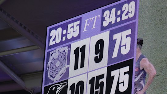 The clock shows an almost 35-minute quarter in last year’s draw between Collingwood and Fremantle.