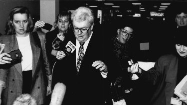 Senator Graham Richardson speaks to the press at Parliament House, Canberra on May 18, 1992