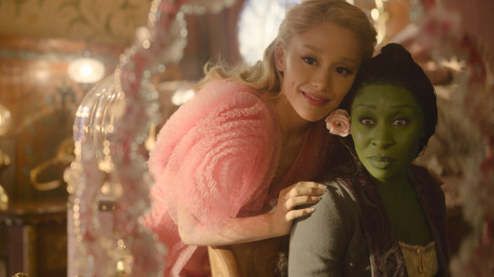 Ariana Grande (left) as Glinda and Cynthia Erivo as Elphaba in Wicked.