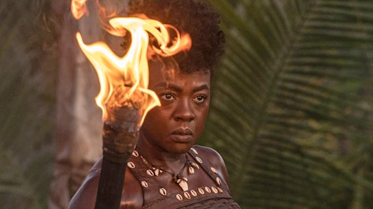 Viola Davis as Nanisca, a grizzled army general, in The Woman King.