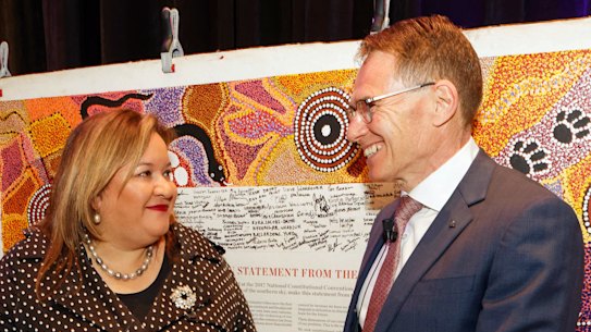 BHP CEO Andrew Mackenzie with  Professor Megan Davis, pro vice-chancellor Indigenous at UNSW, and the Uluru Statement from the Heart.  