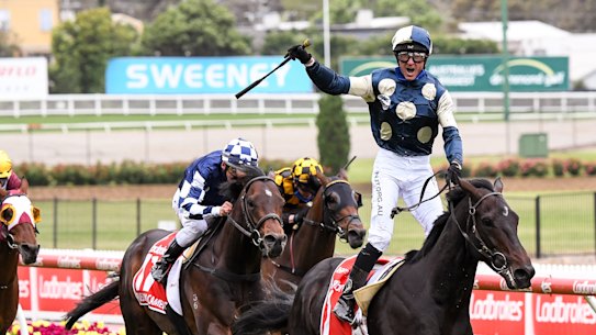 Glen Boss salutes as Sir Dragonet takes out the Cox Plate last year.