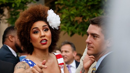 Pro-Trump singer songwriter Joy Villa talks to media after President Donald Trump's social media summit.