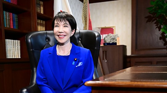 Sanae Takaichi, the newly-elected leader of Japan’s ruling party, the Liberal Democratic Party, takes her place in the party leader’s office on Saturday.