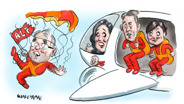 Labor MPs Chris Minns and Jodi McKay preparing to take the big jump to become NSW Labor leaders. Illustration: John Shakespeare