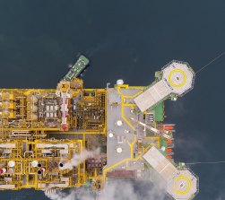 Aerial view of Shell’s Prelude floating LNG vessel leaving the shipyard in South Korea.