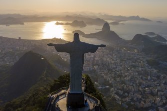 An aerial view of the statue of Christ the Redeemer in Rio de Janeiro, Brazil. After five months closed, Rio's tourist spots have reopened to the public. 