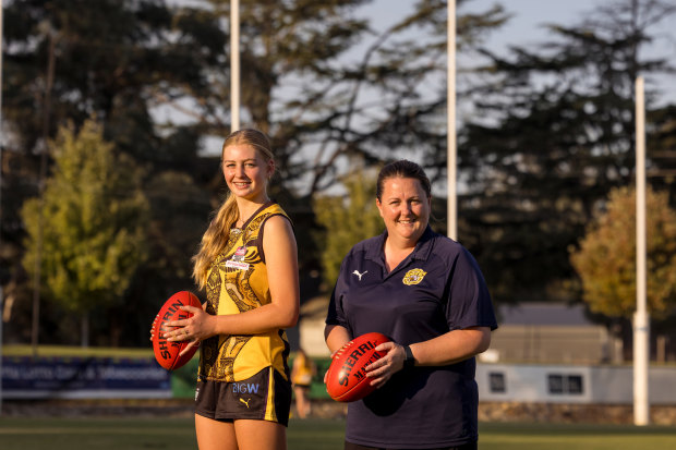 Wangaratta Rovers coach Jessica Whitehead with one of her players, 16-year-old Amelie Thompson.