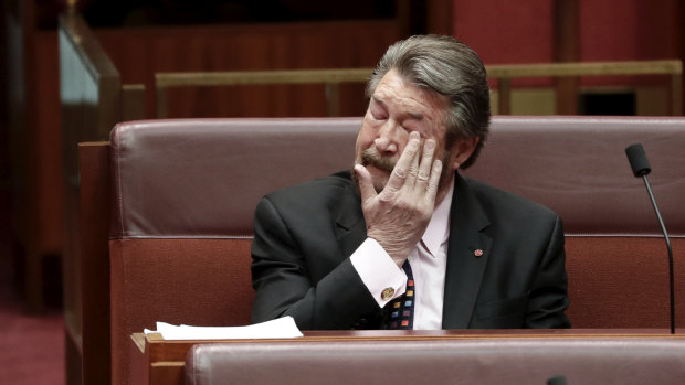 Senator Derryn Hinch takes his seat on Wednesday after speaking on Senator Fraser Anning's first speech.