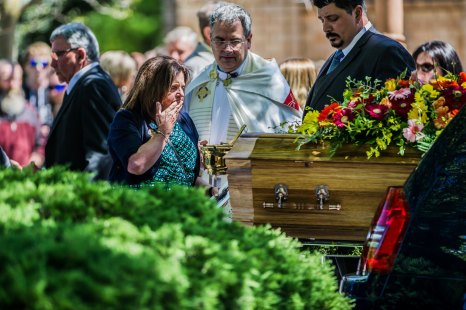 Mother Kim Dorsett says her final goodbye at Luke and Kate's funeral. 