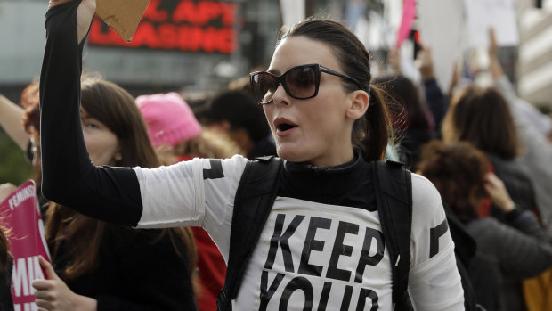 A demonstrator shouts slogans during a rally in support of abortion rights in Los Angeles. 
