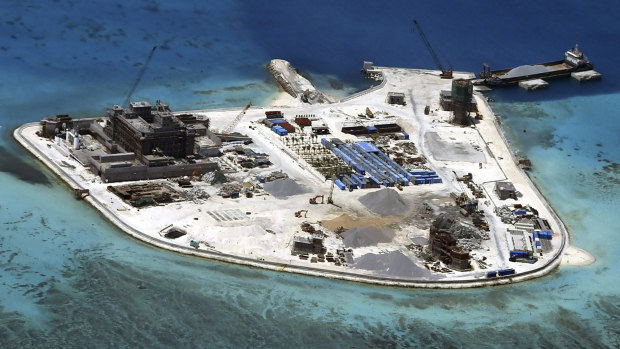 A Chinese base under construction on Mabini (Johnson) Reef, one of the disputed Spratly Islands in the South China Sea.