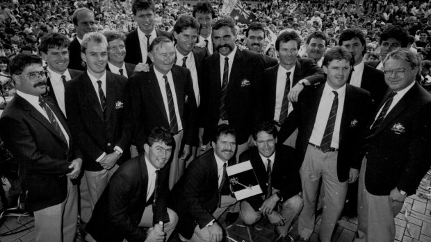 The Australian Team at Tumbalong Park at Darling Harbour following the ticker tape parade down George Street of the victorious Ashes winning team.  September 28, 1989. 