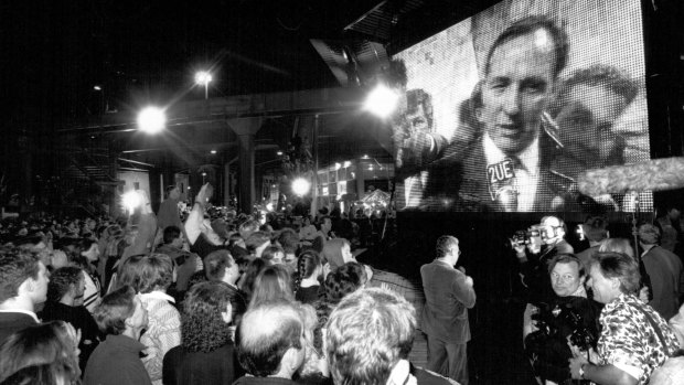 Prime Minister Paul Keating on screen after the winning bid announcement, September 23, 1993. 