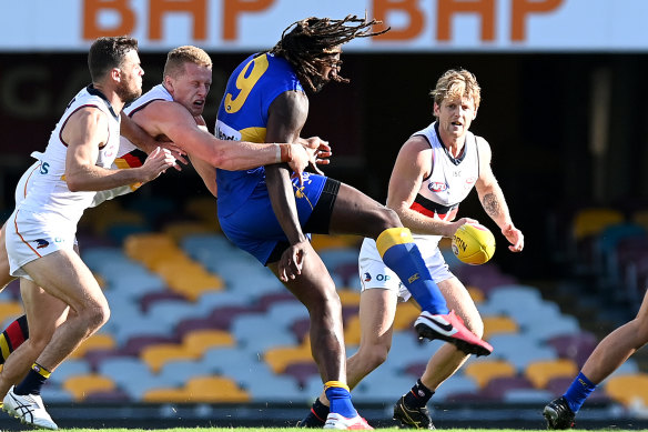 Nic Naitanui gets a kick away during West Coast's round six win over Adelaide. 