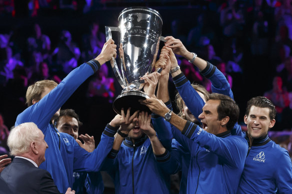 Team Europe lift the Laver Cup.