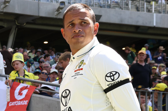 Usman Khawaja wears a black armband in “personal bereavement” for children killed in Gaza, in the first Test against Pakistan.