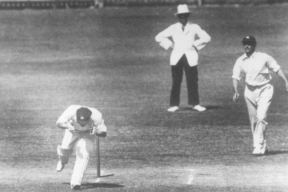 Australian cricketer Bert Oldfield is struck in the head by Harold Larwood during the Bodyline series of 1933.