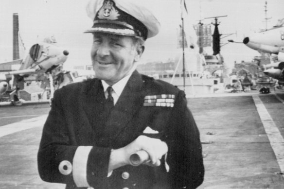 Commodore Ross Swan stands on the flight deck of HMAS Melbourne, the Australian aircraft carrier in Portsmouth for the Jubilee fleet review, in 1977.