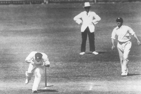 Australian cricketer Bert Oldfield is struck in the head by Harold Larwood during the Bodyline series.