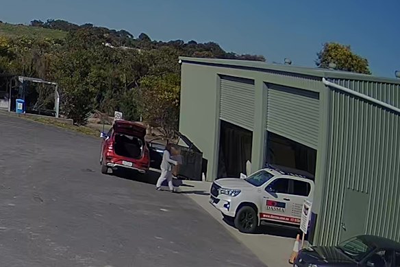A still from CCTV footage of Erin Patterson dumping a dehydrator at Koonwarra waste station on August 2, 2023, was among exhibits shown to the jury.