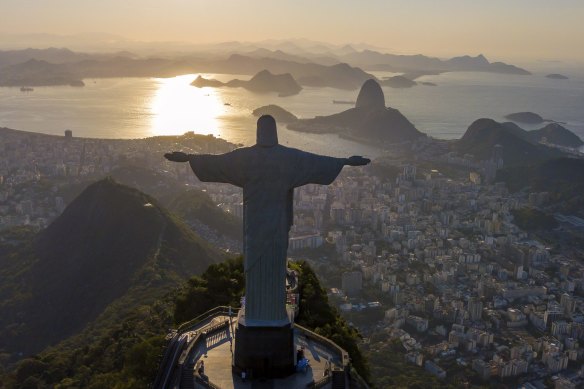An aerial view of the statue of Christ the Redeemer in Rio de Janeiro, Brazil. After five months closed, Rio tourist spots have reopened to the public. 
