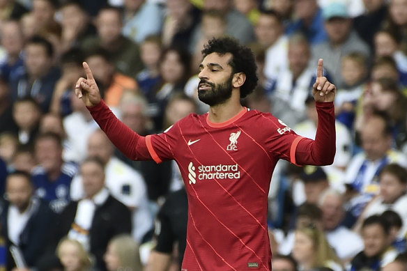 Liverpool’s Mohamed Salah celebrates scoring against Leeds at Elland Road.
