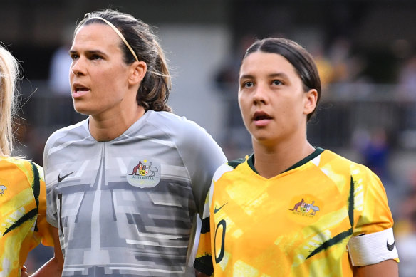 Matildas skipper Sam Kerr (right) features in the 'As One' bid's final video presentation to FIFA.