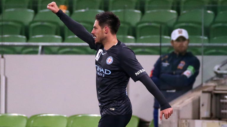Melbourne City's Bruno Fornaroli celebrates scoring a goal.