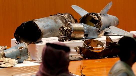 The Saudi military displays what they say are an Iranian cruise missile and drones used in the recent attack.