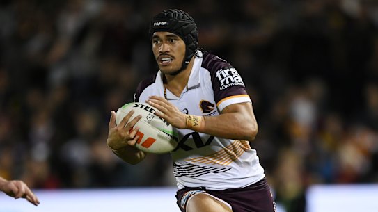 Brendan Piakura in action for the Brisbane Broncos against the Penrith Panthers.