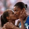 Cathy Freeman (left) and Marie-Jose Perec after Perec's gold medal in the 400m at the 1996 Olympics.