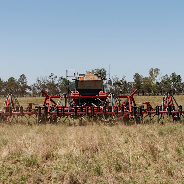 The jerry-rigged seeder used by NSW wheat farmer Bruce Maynard, who is spurning conventional techniques to encourage greater biodiversity.
