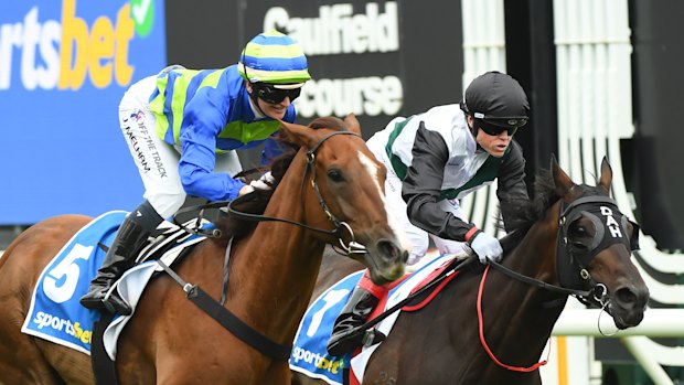 Another Wil (left) edges out Mr Brightside in the group 1 Orr Stakes at Caulfield in February.