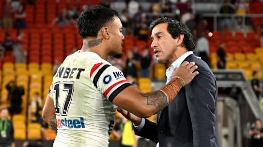 Spencer Leniu and Johnathan Thurston on Friday night.