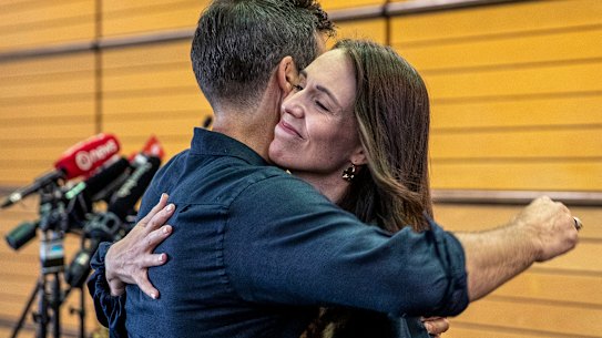 New Zealand Prime Minister Jacinda Ardern hugs her fiancee Clark Gayford.
