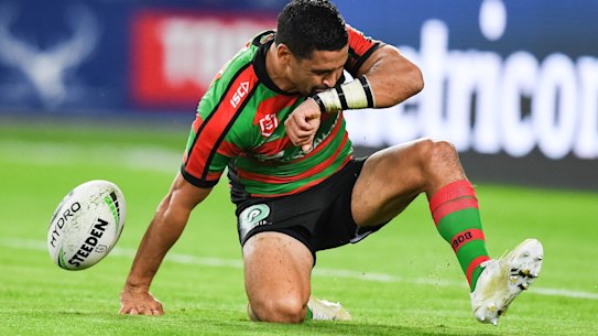 This one's for you, Mum: Cody Walker salutes his mother Linda, who died one year ago, after scoring for the Rabbitohs.