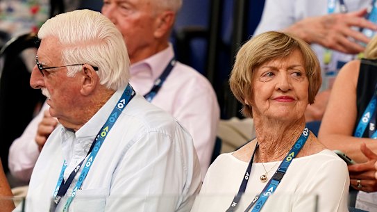 Margaret Court, left, with husband Barry, right, at the Australian Open. 