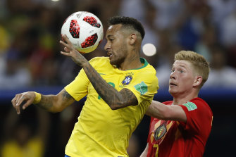 Brazil’s Neymar, left, and Belgium’s Kevin De Bruyne go for a header.