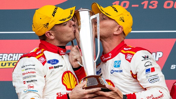 Scott McLaughlin and Alex Premat celebrate last week's Bathurst 1000 win.