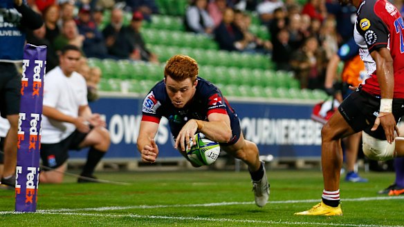 Andrew Kellaway goes over for the Rebels in their win over the Lions.