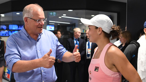 Seal of approval: Primer Minister Scott Morrison congratulates Ash Barty on her win.