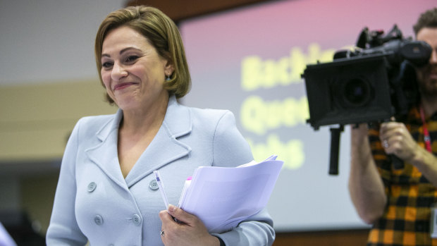 Treasurer Jackie Trad in the 2019 Queensland budget lockup.
