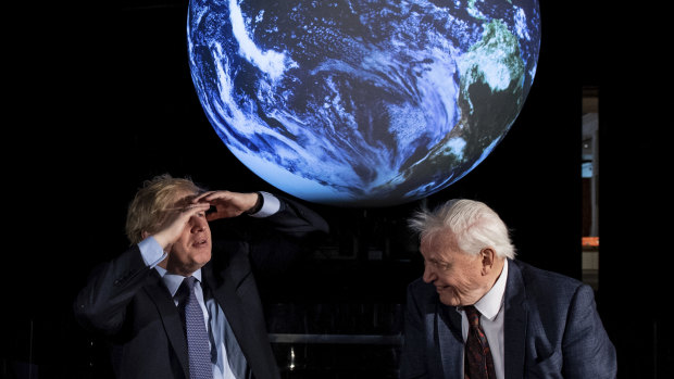 Britain's Prime Minister Boris Johnson, left, and David Attenborough at the announcement of the COP26 UN Climate Summit which has been cancelled. 
