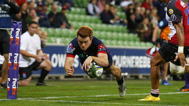 Andrew Kellaway goes over for the Rebels in their win over the Lions.