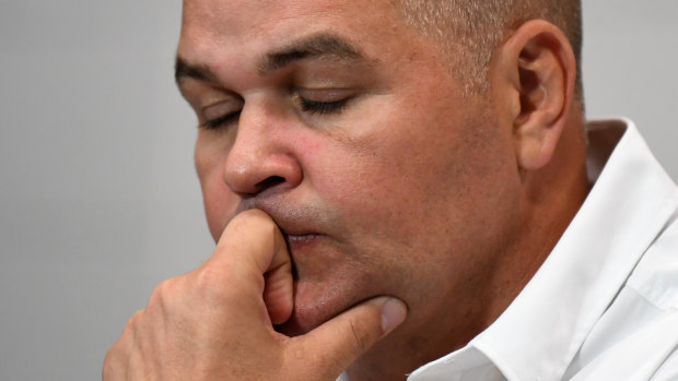 Broncos coach Anthony Seibold reacts during a press conference after Brisbane lost to the Gold Coast.